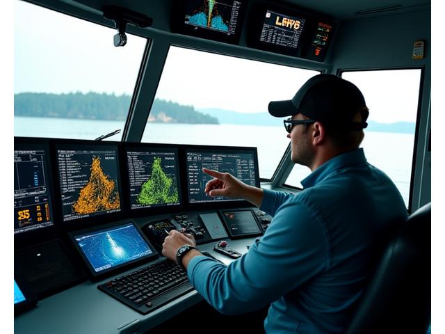 Modern fishing boat with multiple large screens displaying high-resolution sonar data and GPS mapping, an angler confidently using a touchscreen