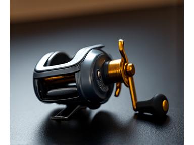 Sleek, low-profile baitcasting reel, dark gray and gold accents
