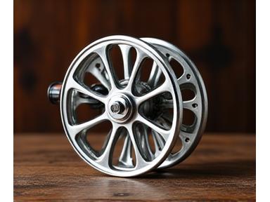 Classic polished aluminum fly fishing reel on a wooden background