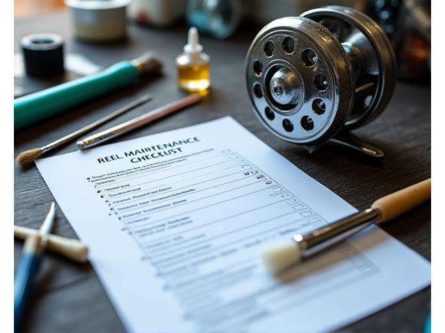 Illustration of a checklist for fishing reel maintenance and cleaning.
