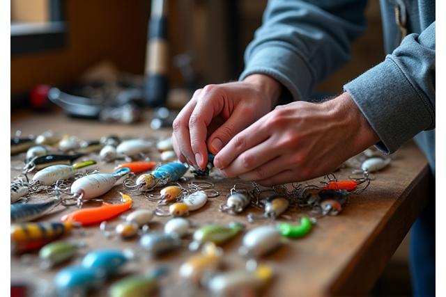 Angler sorting fishing gear by season on a workbench